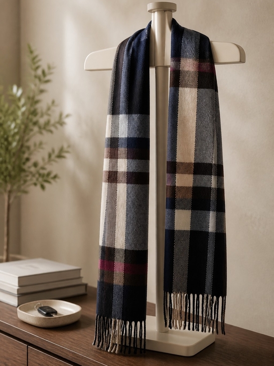 Accessories - Plaid Wool-Blend Fringe Scarf in Navy, Cream & Brown